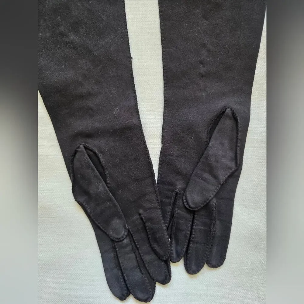 Vintage Hansen Black Embroidered Beaded Long Gloves Stitching on Fourchettes NEW